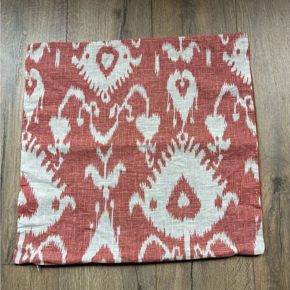 Linen Ikat Throw Pillow Cover Sham 20 inches Square Coral Red Cream Cottage
